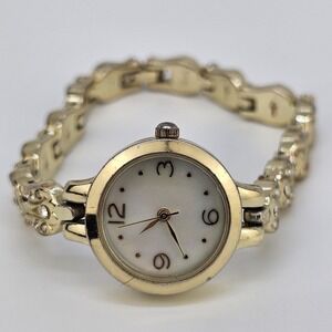 22MM Women's Watch Gray‎ MOP Dial Gold Case Gold Bracelet Band 7" New Battery